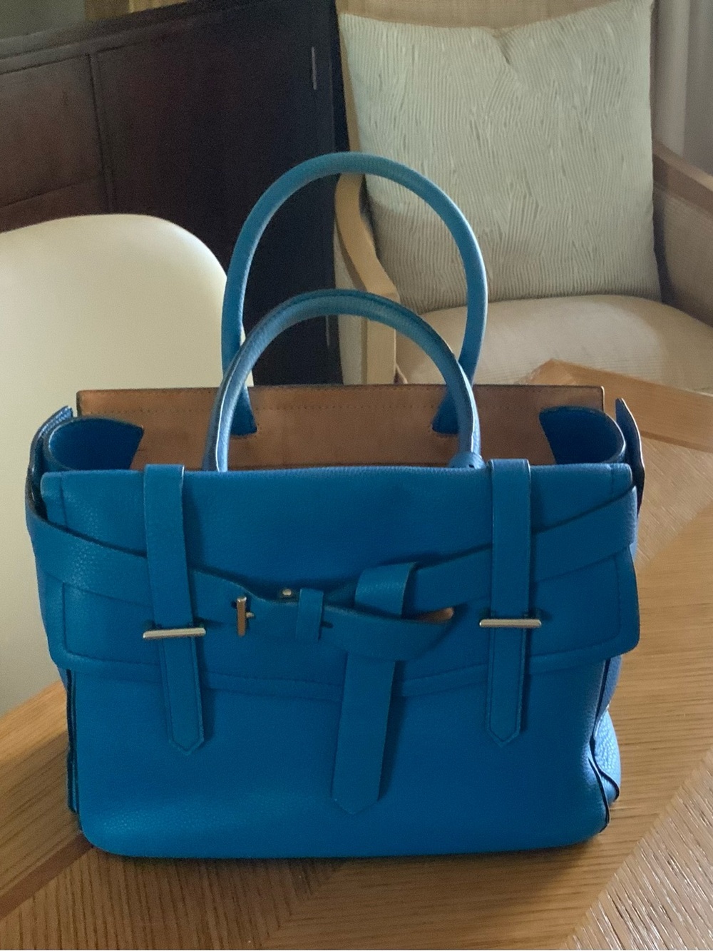 Blue Women's Leather Handbag - Structured Tote